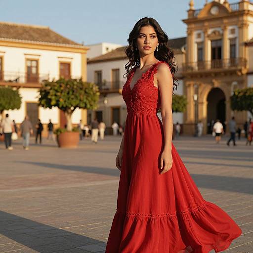 Photograph of a beautiful woman with long black hair in a flowing red lace dress, standing in a sunlit, historic town square.