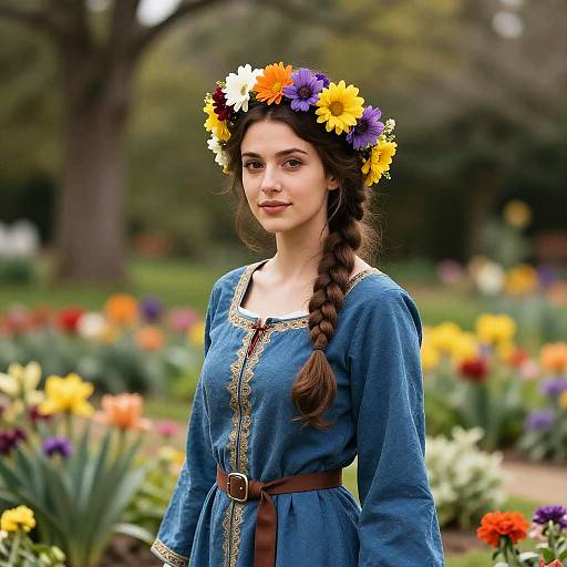 Medieval Woman in Vibrant Flower Garden