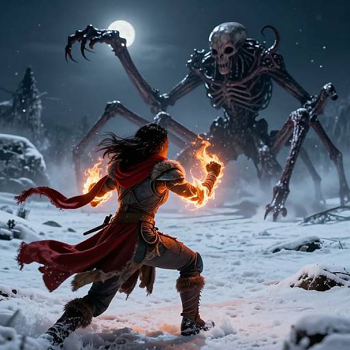 Digital fantasy artwork: Warrior with fiery hands battles skeletal monster under full moon in snowy forest, red scarf flowing in wind.