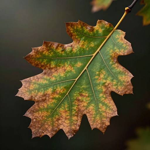 Photograph of a green oak leaf with brown and yellow spots, sharply detailed, against a dark, blurred background.