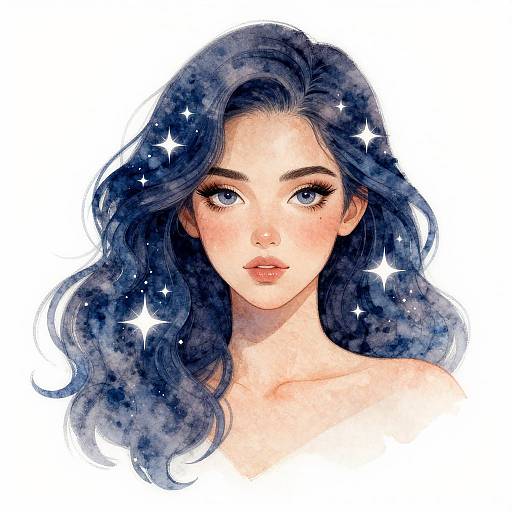 Watercolor illustration of a beautiful woman with long, wavy blue hair, sparkling eyes, and fair skin, set against a white background.