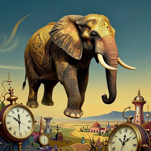 Digital artwork of a large, ornate elephant with golden patterns, floating above a whimsical, clock-filled landscape with a sunset sky.