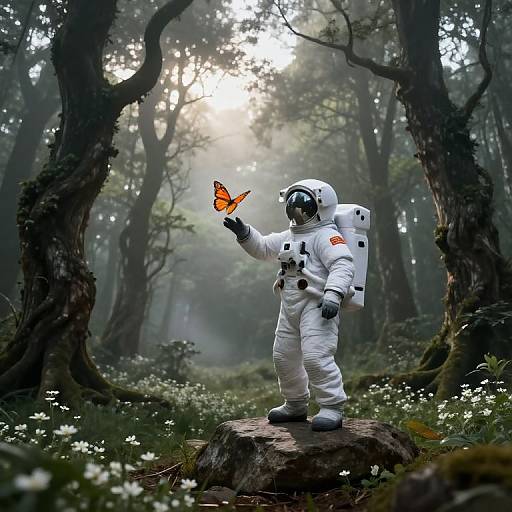 Photograph of an astronaut in white suit with helmet, standing on a rock in misty forest, gently touching an orange butterfly.