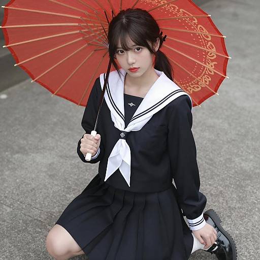 Kneeling Asian Girl with Umbrella