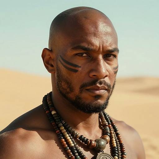 Photograph of a muscular, bald, dark-skinned man with tribal black face paint, beaded necklaces, and a serious expression, standing in