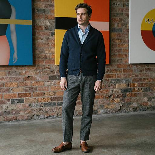 Photograph of a handsome man with short brown hair, wearing a black cardigan, blue shirt, gray checkered pants, and brown loafers,