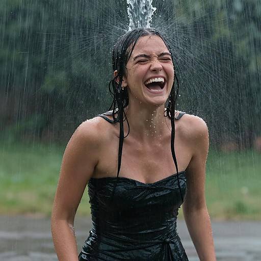 Woman laughing in heavy rain