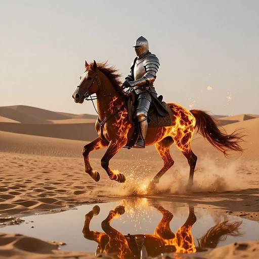 Knight in silver armor rides fiery horse through sand dunes, kicking up dust, with reflection in puddle below. Digital art.