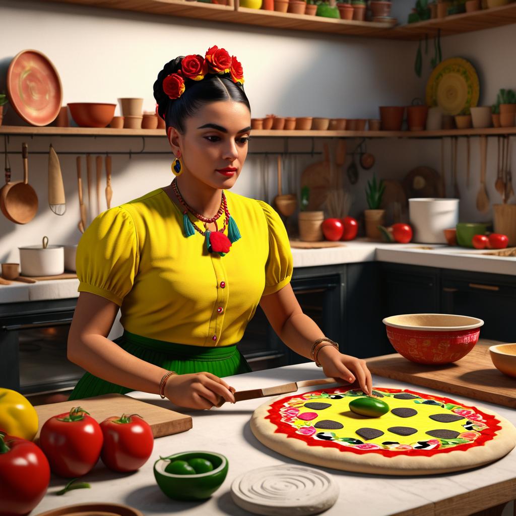 Frida Kahlo Pizza Creation in Hyper-Realism