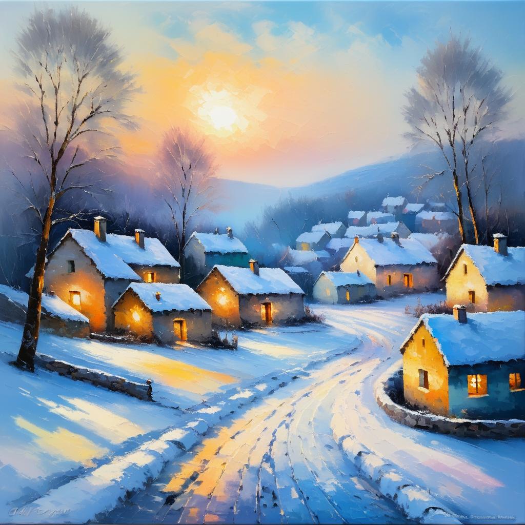 Impressionist Winter Village Scene