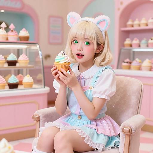 Playful Cupcake Girl in Retro Dessert Shop