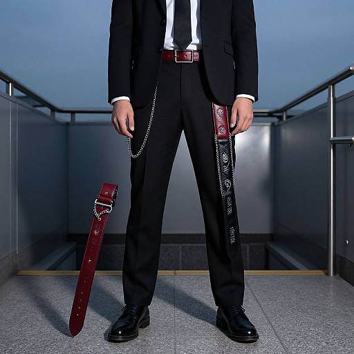 Photograph of a man in a black suit, white shirt, and black shoes, standing in a metallic hallway. He has a red leather belt with