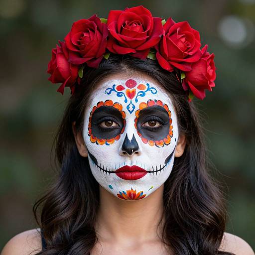 Photograph of a woman with white face paint, black eye makeup, red lips, red flower crown, and intricate sugar skull design.