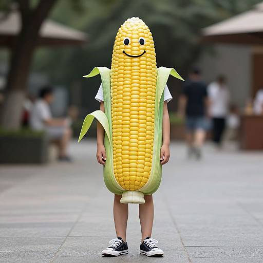 Photograph of a person in a yellow corn costume with a smiling face, green leaves, white shirt, and black sneakers, standing on a blurred urban