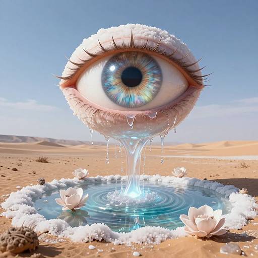 Digital artwork of a giant, blue-eyed eye with dripping water, centered over a desert oasis with white lotus flowers and a small, glowing blue pool