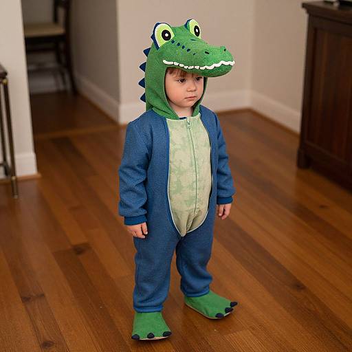 Photograph of a young child wearing a blue and green dinosaur onesie with a matching hood and green feet, standing on wooden floors in a simple,