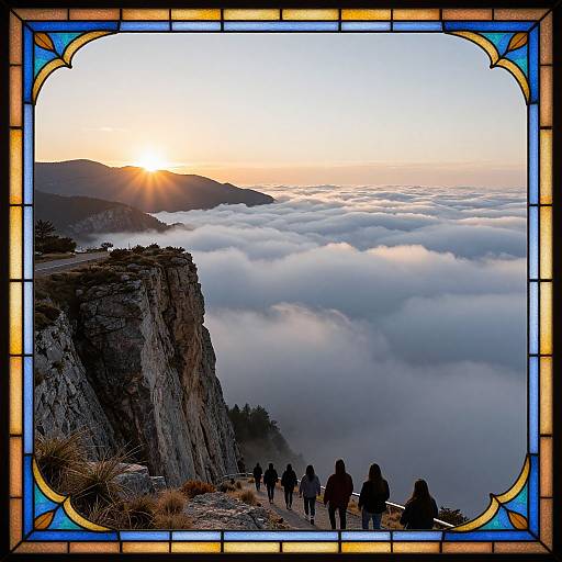 Photograph of a sunset over a mountainous landscape, silhouetted hikers on a cliff, framed by an ornate stained glass border.