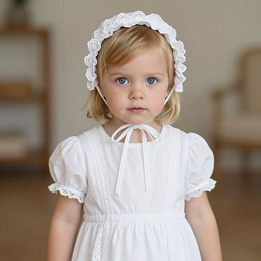 Photograph of a young blonde girl with blue eyes, wearing a white lace headband and dress, standing indoors with a blurred background.