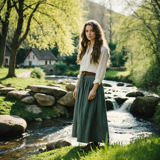 Young Woman Standing by Stream in Village Garden