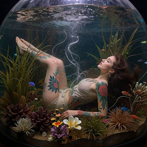 Photograph of a tattooed woman with dark hair floating underwater in a glass tank, surrounded by colorful fish, plants, and flowers.