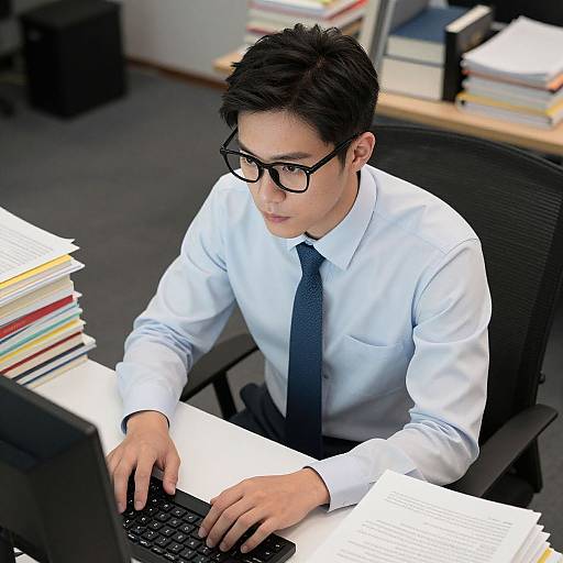 Photograph of a young man with black hair, glasses, white shirt, blue tie, typing on a computer in an office, surrounded by stacks of