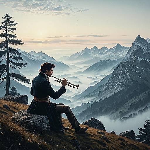Ethereal Flutist Amid Alpine Fog
