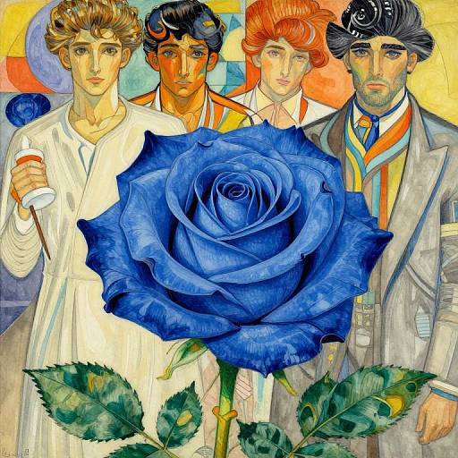 Stylized digital painting of four men in vintage suits, with a large blue rose in the foreground, colorful abstract background.
