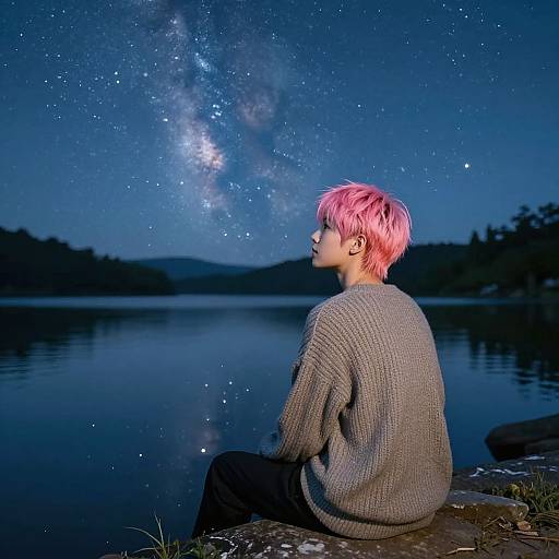 Photograph of a person with pink hair, gray sweater, and black pants, sitting by a lake at night, gazing at the Milky Way.