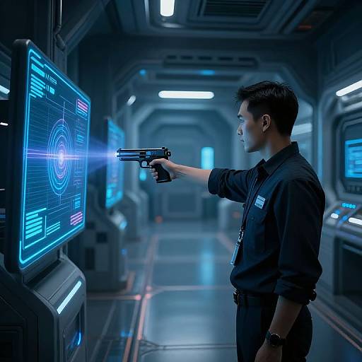 Photograph of a young Asian man in a black shirt, aiming a handgun at a glowing blue holographic display in a futuristic, dimly-lit
