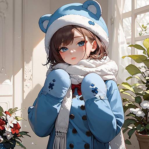 Digital anime-style drawing of a cute young girl with blue eyes, brown hair, wearing a blue bear hat, scarf, and coat, standing in a