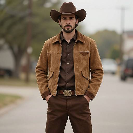 Photograph of a bearded man with medium skin tone, wearing a brown cowboy hat, brown suede jacket, black shirt, and brown pants, standing