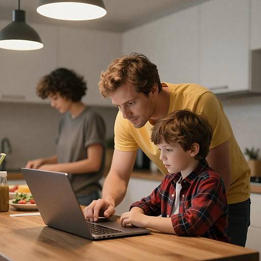 Man and Boy at Kitchen Laptop