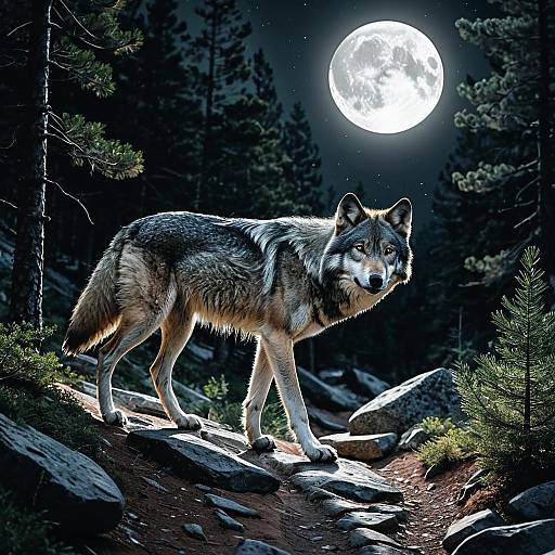 Gray Wolf Walking in Pine Forest at Full Moon