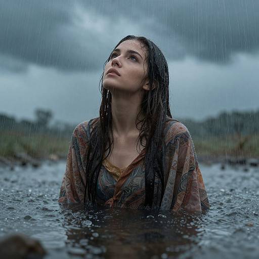 Photograph of a wet, dark-haired woman with light skin, wearing a patterned, semi-transparent top, standing in a rain-filled pond, g