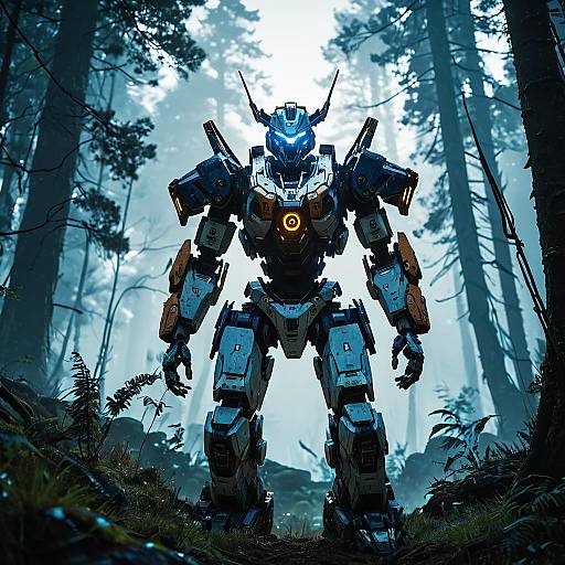 Sentinel Robot in Misty Ancient Forest