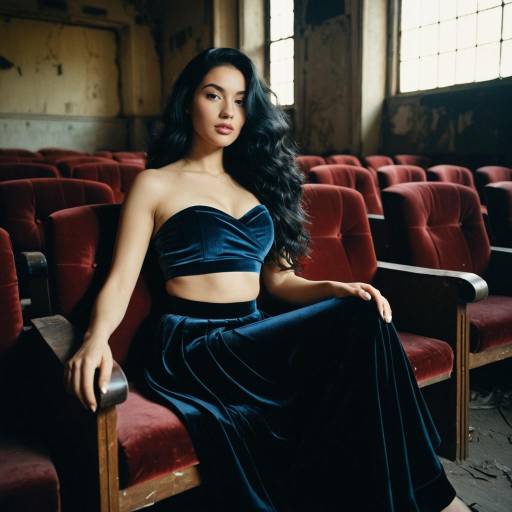Elegant Woman in Velvet Outfit in Abandoned Theater