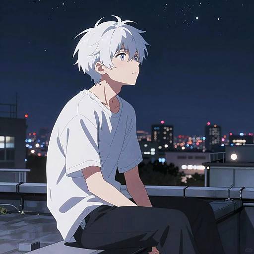Anime White-Haired Boy on Rooftop