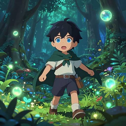 Anime Boy Exploring Magical Enchanted Forest