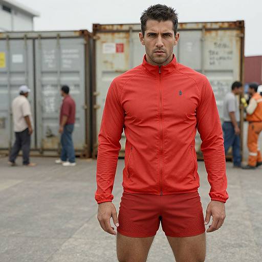 Photograph of a muscular, dark-haired man in a bright red athletic jacket and shorts, standing in a warehouse yard with blurred workers and industrial containers in