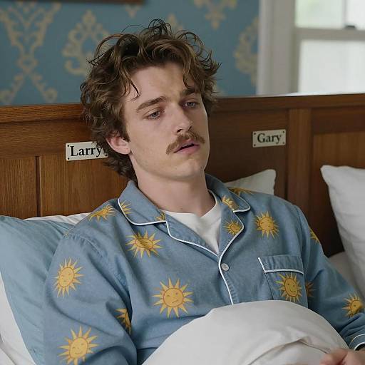 Young Man in Sun Pattern Pajamas Sitting in Bed