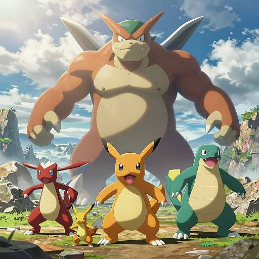 Digital artwork of five Pokémon: massive Snorlax, standing behind Pikachu, Rhyhorn, Charmander, and Squirtle, against