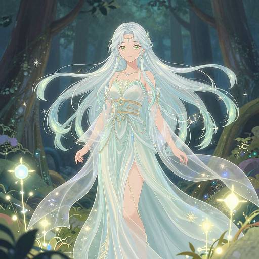 Digital anime-style illustration of a glowing white-haired woman in a flowing, ethereal dress, surrounded by luminescent flowers in a mystical forest.