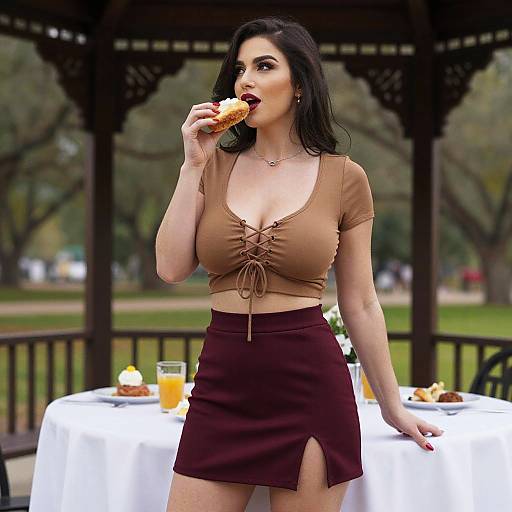 Trendy Woman Brunching in Park Gazebo