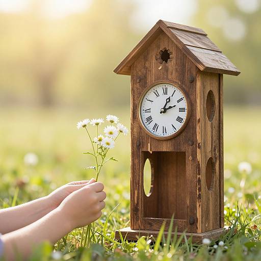 Photograph: Wooden clock birdhouse with white face, black hands, surrounded by grass and daisies; child's hands holding daisy near it