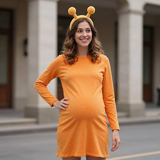 Pregnant woman with wavy brown hair, wearing an orange long-sleeve dress and yellow headband with pom-poms, smiling outdoors on