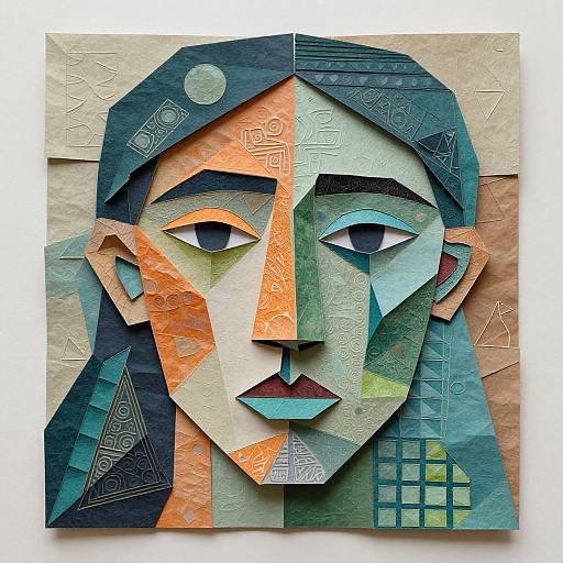 Geometric, abstract portrait of a person with angular features, colorful shapes (orange, teal, green), textured paper background, and geometric patterns.