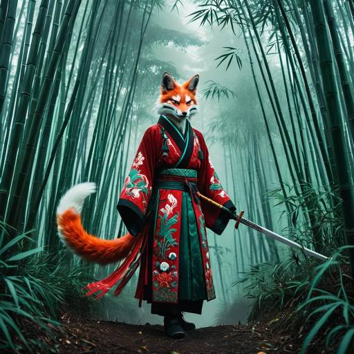 Elegant Kitsune Warrior in Foggy Forest