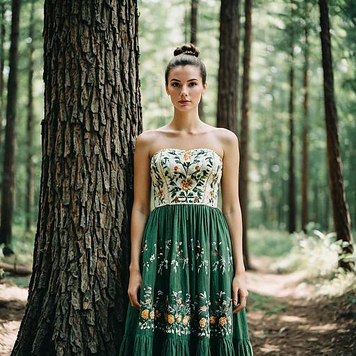 Woman in Green Floral Dress in Forest