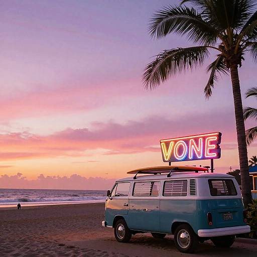 Photograph of a vintage blue van with a 