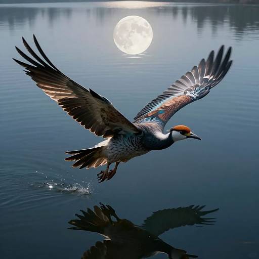 Photograph of a colorful bird in mid-flight over a calm, reflective lake, with a bright full moon glowing in the background.